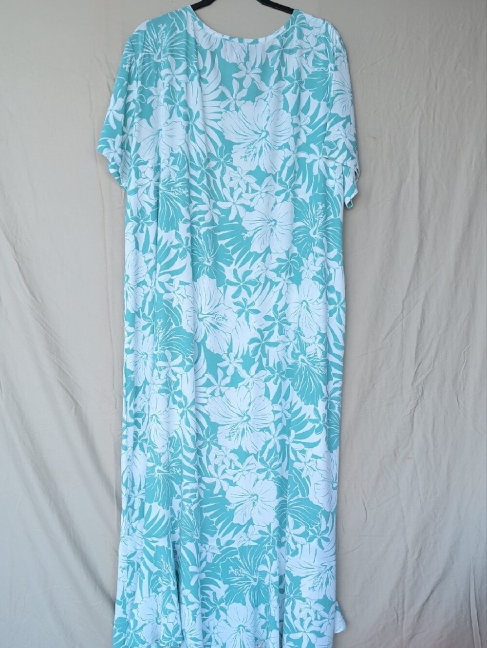 Casual Teal & White Floral Maxi Dress Muumuu Flounce Hem Vacation Resort Wear - Picture 5 of 10